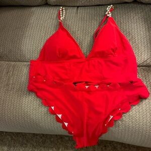 Red Scalloped Bikini with Beaded Straps